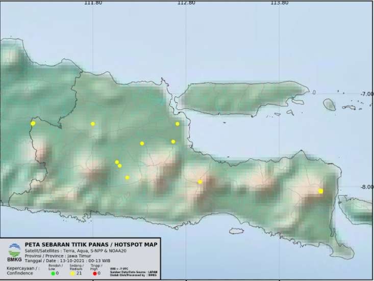 Peta sebaran hot spot atau titik api dari hasil citra satelit BMKG (foto:istimewa)