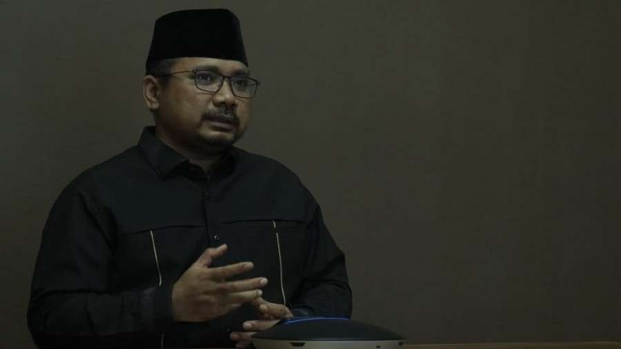 Menteri Agama (Menag) Yaqut Cholil Qoumas menjadi pembicara pada Webinar Internasional dalam rangka memperingati Hari Santri 2021. (Foto: Kemenag)