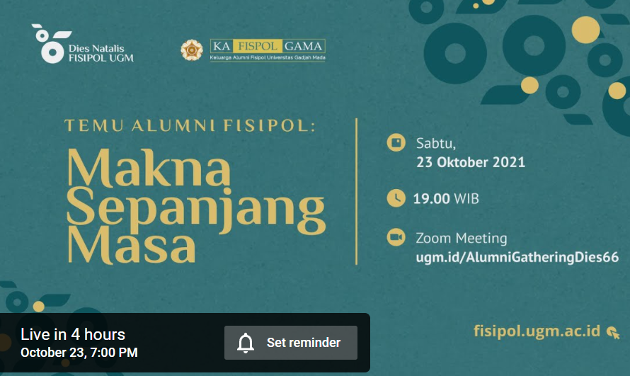 Fakultas Ilmu Sosial dan Ilmu Politik (Fisipol) Universitas Gadjah Mada (UGM) mengelar reuni alumni via daring, malam ini. (Foto: Kanal Youtube Fisipol UGM)