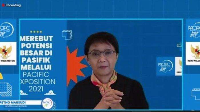 Menlu Retno Marsudi saat membuka Pacific Exposition yang resmi dimulai secara daring. (Foto: Kemlu)