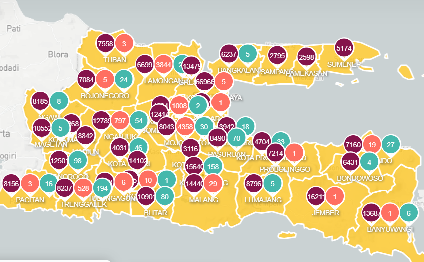 Jawa Timur melaporkan 31 kasus baru Covid-19 per Rabu 1 Desember 2021. Terdapat tiga kabupaten atau kota yang memiliki nol kasus Covid-19. (Foto: Info Covid-19 Jatim)