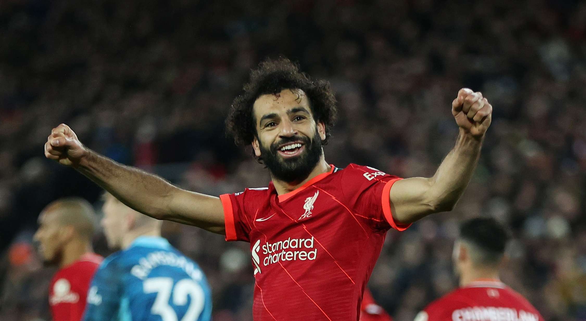 Mo Salah menunjukkan ekspresi kegembiraannya usai mencetak gol. (Foto: Twitter/@LFC)