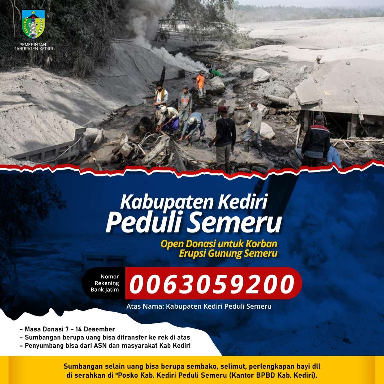 Erupsi Semeru, Pemkab Kediri buka rekening donasi. (Foto: Istimewa)