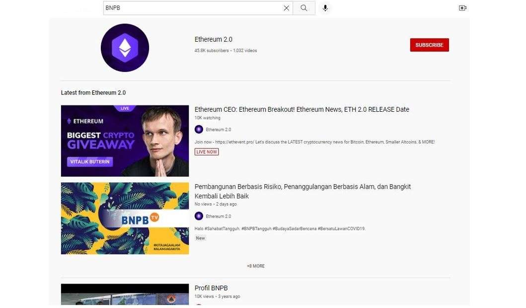 Penampakan akun YouTube BNPB diretas. (Foto: Tangkapan layar)