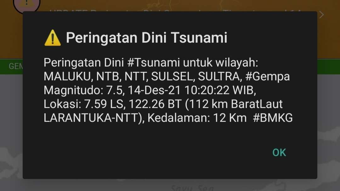 Peringatan dini potensi tsunami di NTT oleh BMKG. (FOTO: Tangkapan Layar)