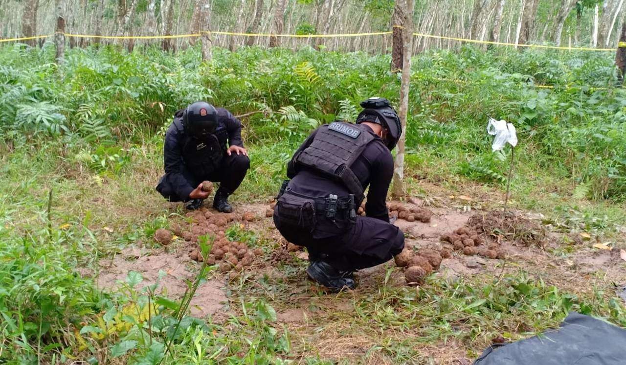 Tim Jihandak Gegana Polda Jawa Timur mengecek meriam untuk kemudian dimusnahkan. (Foto: Istimewa)