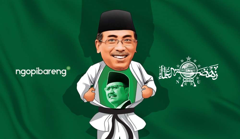 Ilustrasi Ketua Umum PBNU, KH Yahya Cholil Staquf. (Grafis: Fa Vidhi/Ngopibareng.id)