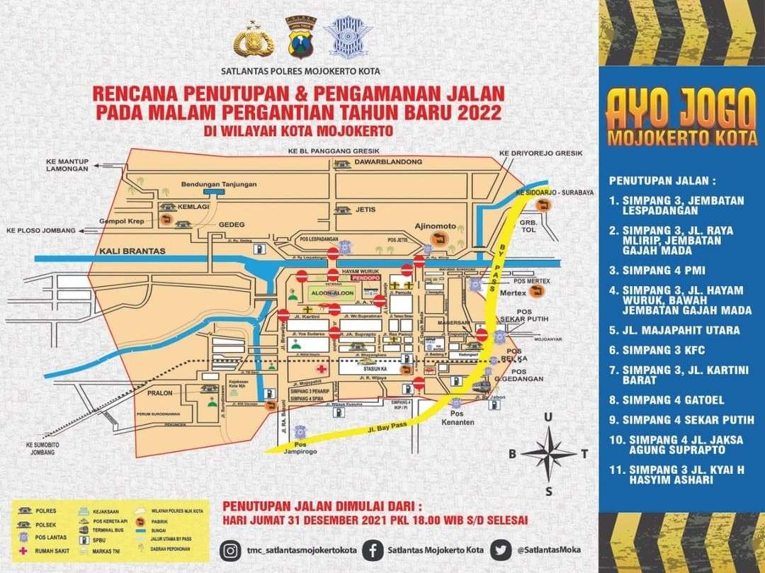 Rute jalan masuk kota Mojokerto yang bakal ditutup saat malam tahun baru 2022.(foto istimewa)