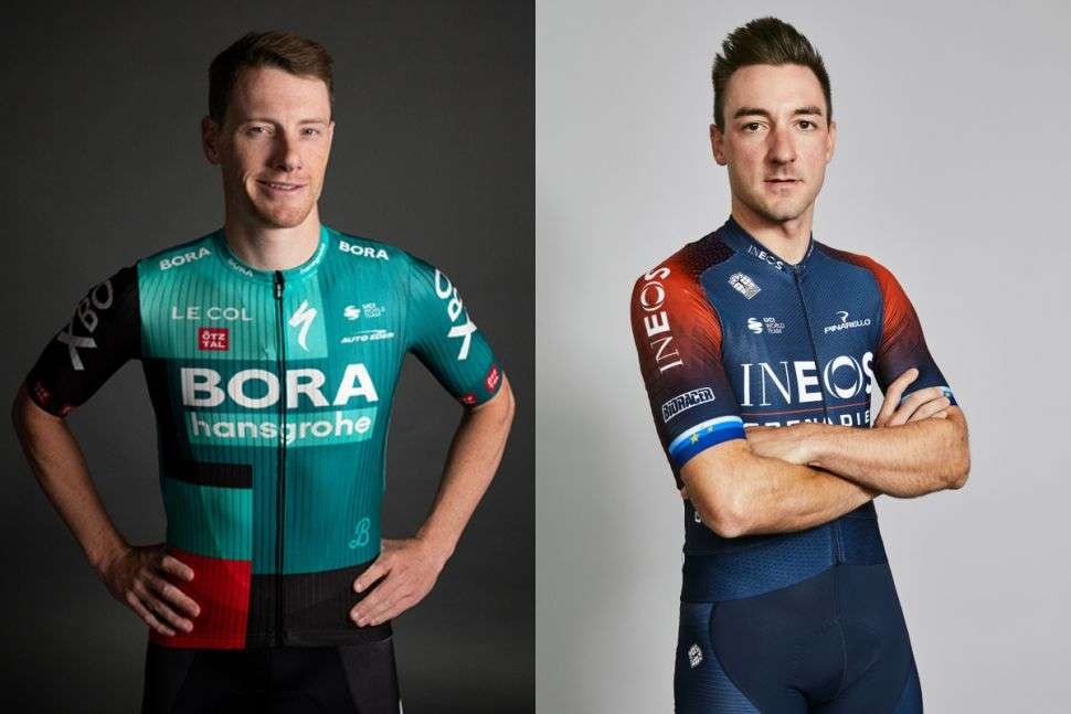 Sam Bennett (Bora-Hansgrohe) dan Elia Viviani (Ineos Grenadiers) dengan jersey baru mereka musim 2022. (Foto: Istimewa)