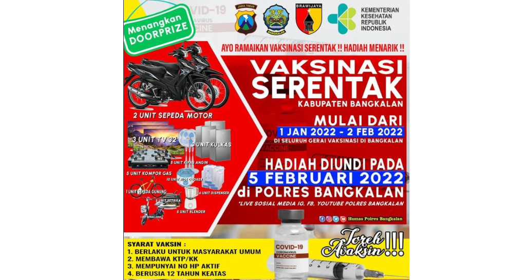 Promosi vaksinasi Covid-19 serentak di Kabupaten Bangkalan, Jawa Timur, ada doorprize sepeda onthel hingga motor. (Foto: Instagram @polresbangkalan)