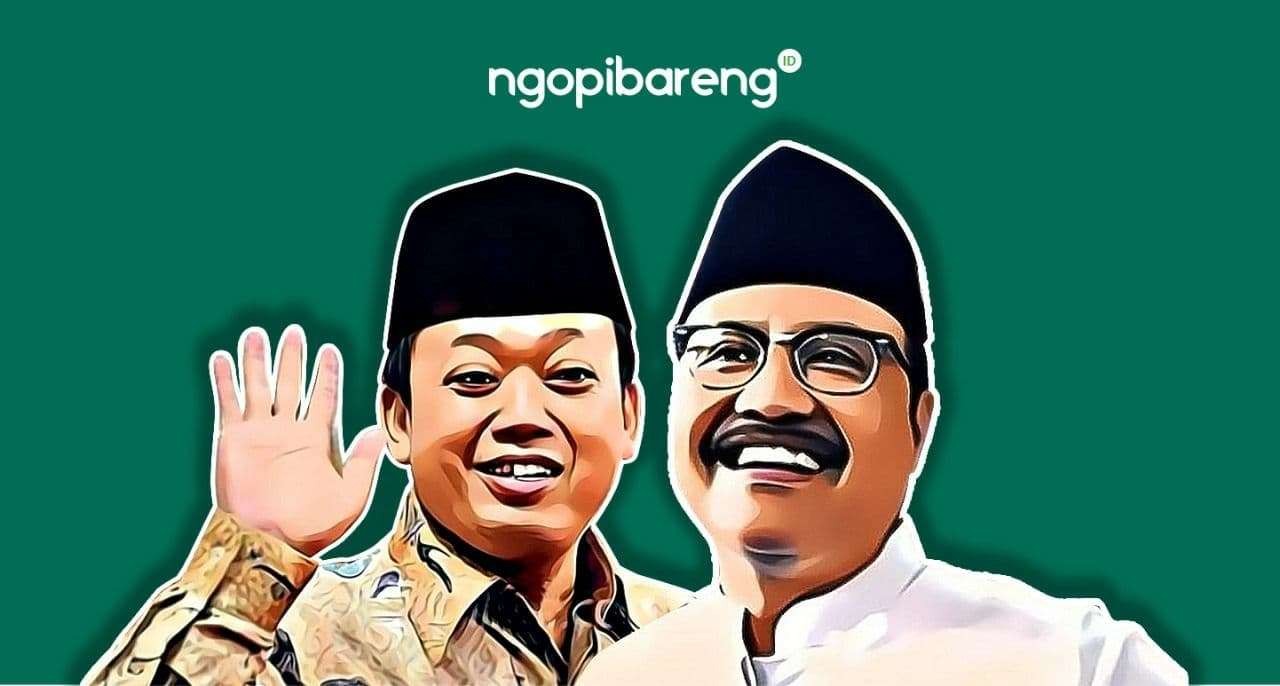 Syaifullah Yusuf (Gus Ipul) dan Nusron Wahid. Dua orang yang disebut Ketua Umum PBNU KH Yahya Cholil Staquf sebagai Pendekar Muktamar. (Ilustrasi: Fa-Vidhi/Ngopibareng.id)