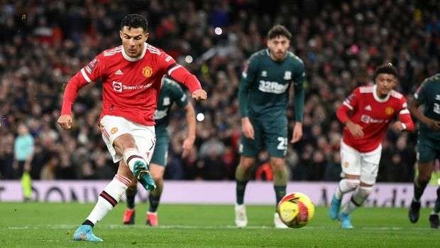 Aksi Cristiano Ronaldo saat membela Manchester United vs Middlesbrough di babak keempat Piala FA, Sabtu 5 Februari 2022 dini hari. (Foto: Twitter)