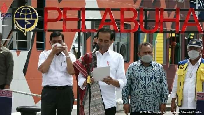 Menko Maritim dan Investasi Luhut Binsar Pandjaitan sedang menerima telepon saat Presiden Jokowi sedang memberi sambutan peresmian kawasan Pelabuhan Ajibata, Kabupaten Toba, Sumatera Utara, pada 2 Februari 2022. (Foto: YouTube Sekretariat Presiden)