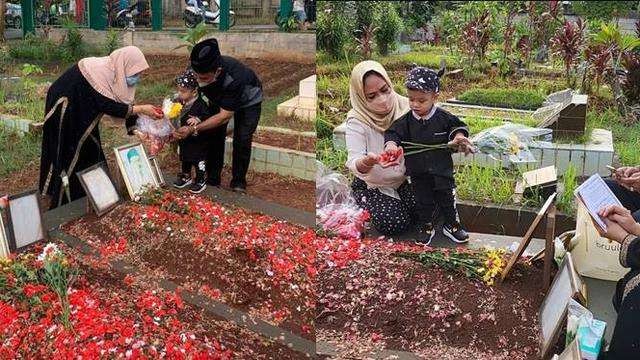 Momen perdana Gala Sky Ardiansyah ziarah ke makam orangtuanya, Vanessa Angel dan Bibi Ardiansyah, bersama orangtua Bibi Ardiansyah. (Foto: Istimewa)