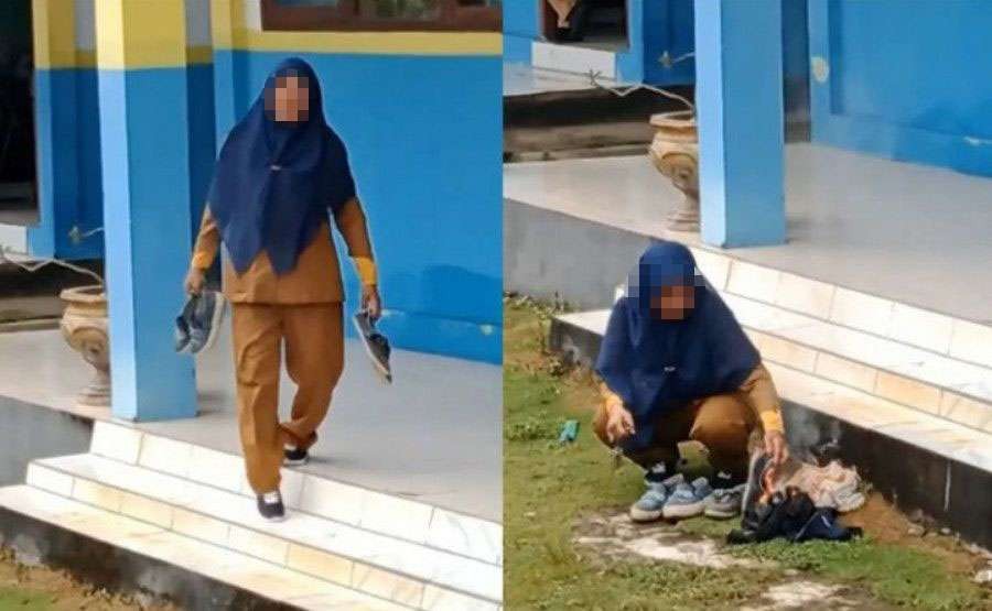 Seorang oknum ibu guru tega membakar sepatu muridnya di halaman sekolah. (Foto: Akun TikTok @ssllebeew1/Instagram @andreli_48)