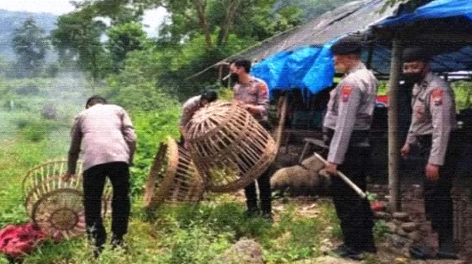 Anggota Polres Situbondo mengamankan barang bukti berupa kurungan ayam di lokasi judi sabung ayam. (Foto: Humas Polres Situbondo)