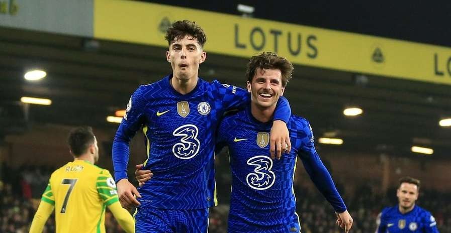 Aksi Kai Havertz dan Mason Mount usai mencetak gol ke gawang Norwich City