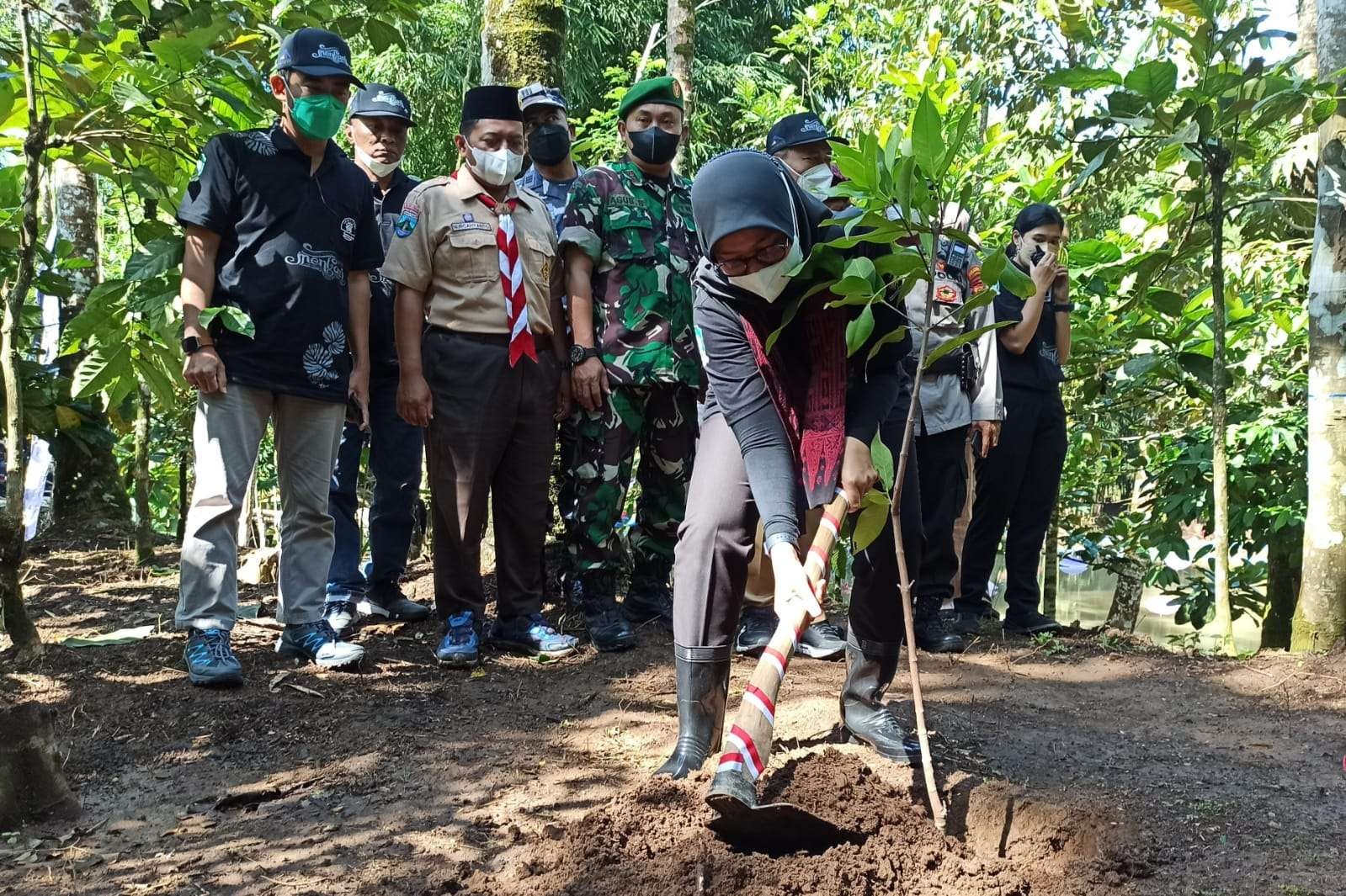 Bupati Banyuwangi Ipuk Fiestiandani menanam pohon ini di dekat mata air Dan Londo usai meluncurkan Festival Menjaga Mata Air. (Foto: Muh Hujaini/Ngopibareng.id)