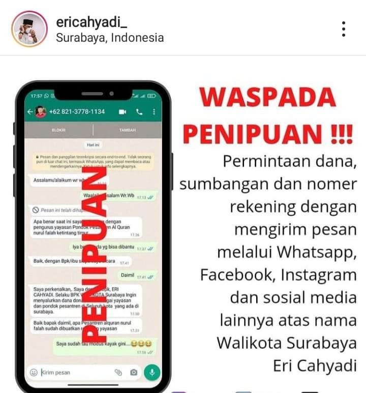 Peringatan Eri Cahyadi atas penipuan mengatasnamakan dirinya melalui akan IGnya. (Foto: Tangkapan Layar)