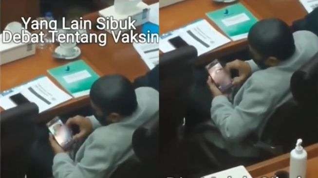 Tangkapan layar seorang anggota dewan diduga penyanyi HM nonton video porno saat rapat vaksin. (Foto: Istimewa)