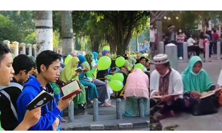 Sekelompok kaum melakukan aksi baca Al-Quran di trotoar Malioboro Yogyakarta. (Foto: Istimewa)