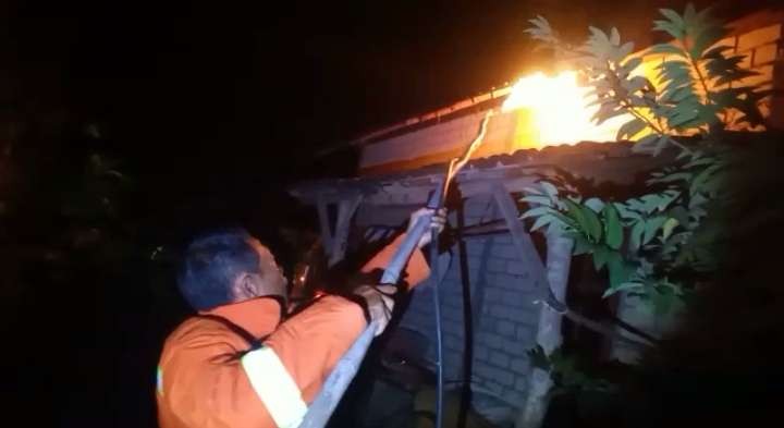 Petugas Damkar melakukan evakuasi sarang tawon ndas di atap rumah warga Desa Temaji, Kecamatan Jenu. (Foto: Dok. Satpol PP dan Damkar Tuban)