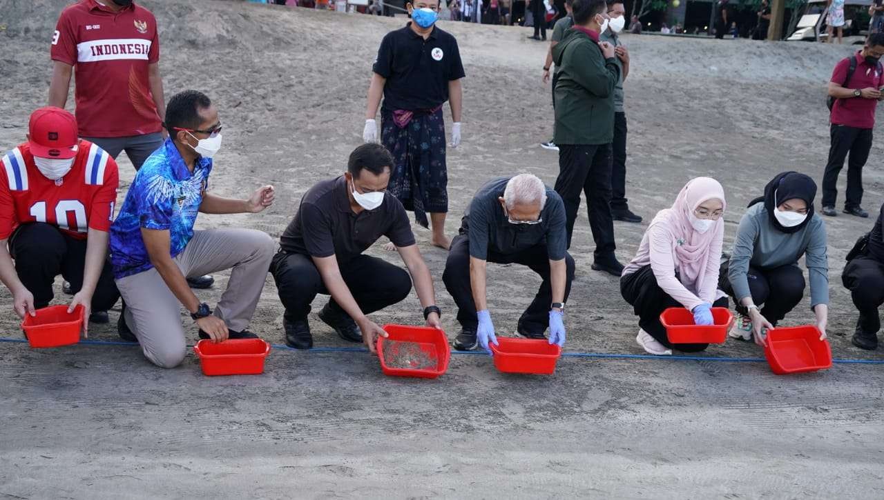 Wapres Ma'ruf Amin bersama istri, Wury, dan relawan melepas anak penyu atau tukik di kawasan Kuta Bali. (Foto: Setwapres)