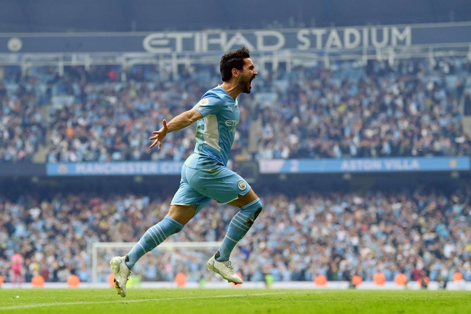 Ekspresi kegembiraan Ilkay Gundogan usai mencetak gol kemenangan Manchester City atas Astob Villa. (Foto: Twitter/@ManCity)