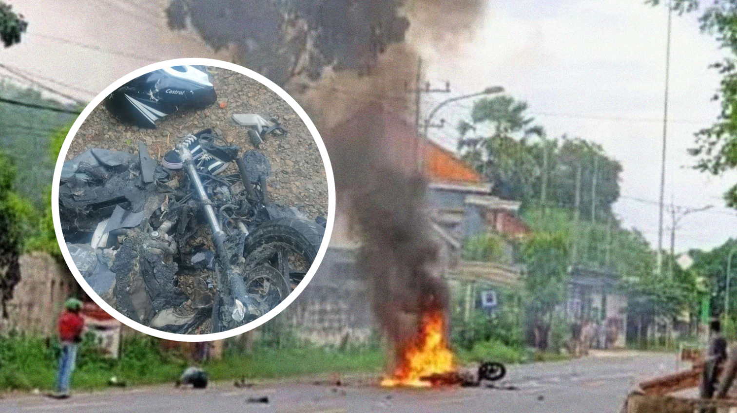 Kondisi motor terbakar usai mengalami kecelakaan lali lintas dengan truk tronton tangki (dok. Satlantas Polres Tuban)