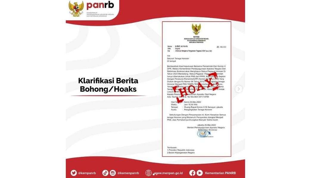 Surat palsu pengangkatan tenaga honorer hoax mencatut Kemenpan RB. (Foto: Instagram @kemenpanrb)