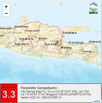 Mojokerto diguncang gempa 3,3 SR. (Foto: BMKG)