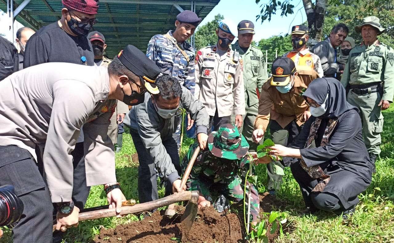 Kapolresta Banyuwangi, AKBP Deddy Foury Millewa, Ketua PWI Banyuwangi Syaifuddin Mahmud, dan Bupati Banyuwangi Ipuk Fiestiandani menanam pohon di lereng Ijen. (Foto: Muh Hujaini/Ngopibareng.id)