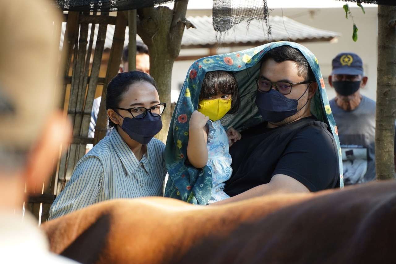 Bupati Kediri gendong anaknya Shanaya melihat sapi kurbannya. (Foto: Istimewa)