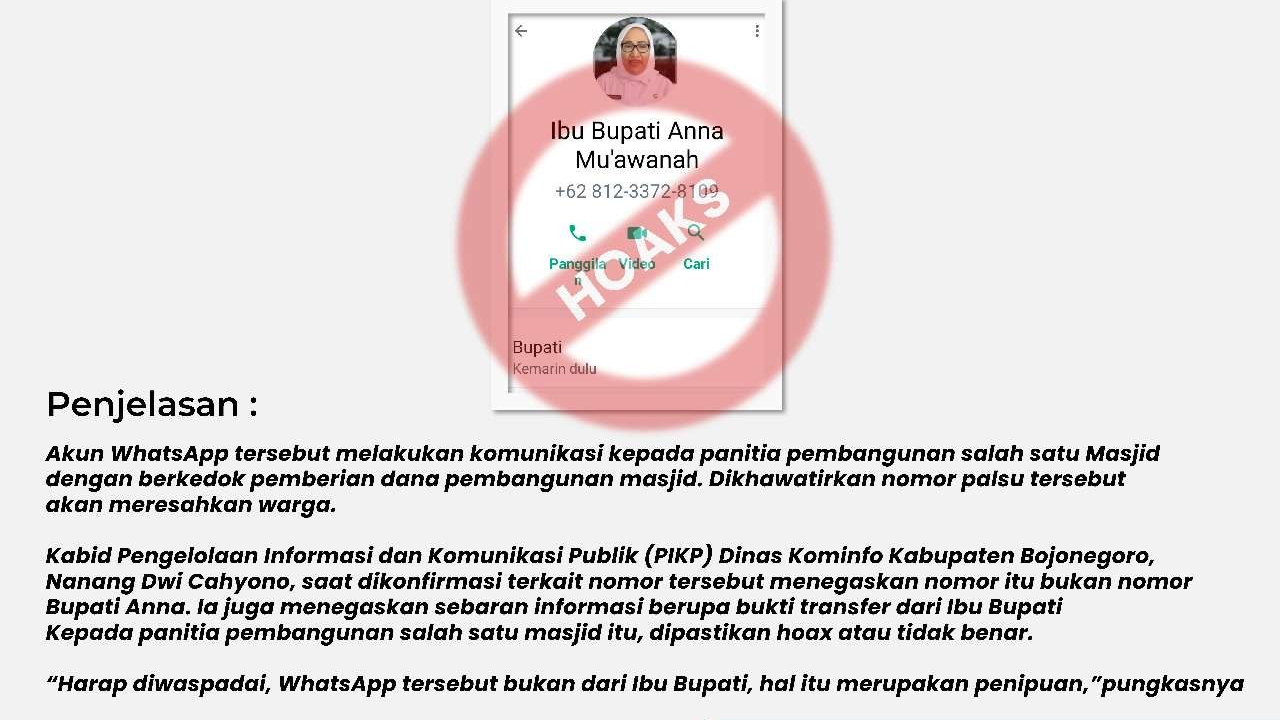 Akun mengatasnamakan Bupati Bojonegoro yang palsu.