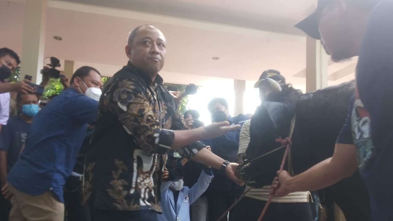 Virologi Indro Cahyono saat mempraktikan pengobatan PMK sapi di acara Lokakarya Simulasi Pengobatan PMK di Pendapa Lokatantra Pemkab Lamongan, Senin 25 Juli 2022. (Foto: Imron Rosidi/Ngopibareng.id)