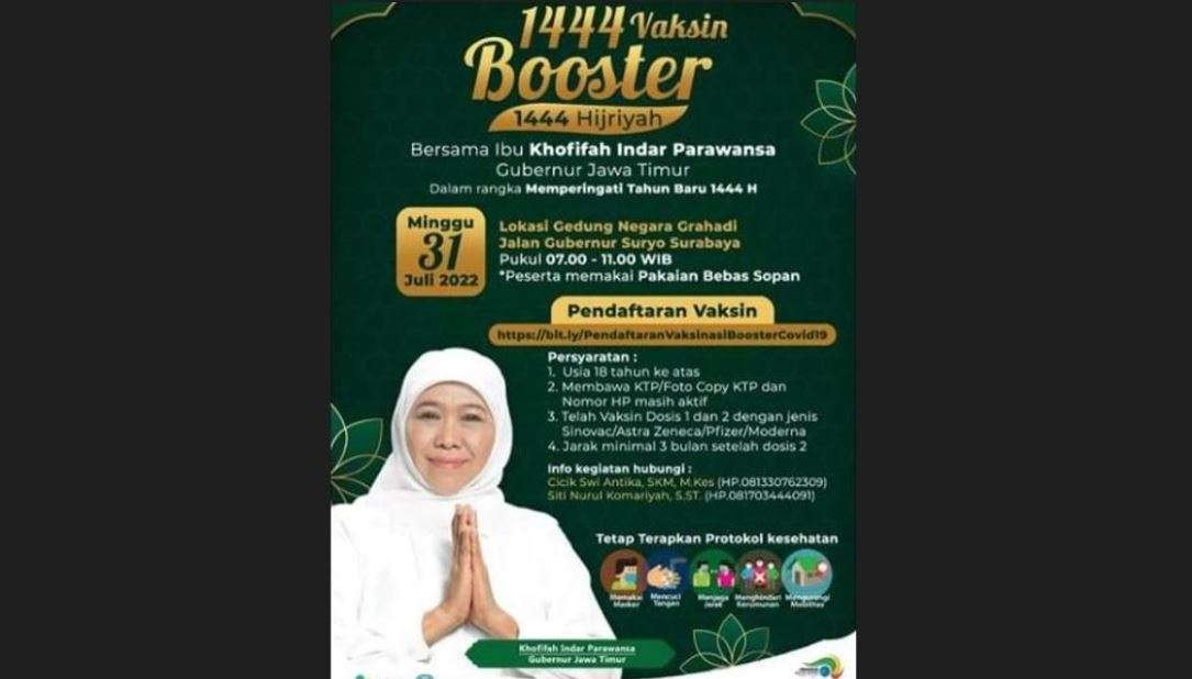 Vaksin booster 1.444 dosis bulan Suro di Gedung Negara Grahadi, Surabaya, bersama Gubernur Jawa Timur, Khofifah Indar Parawansa, Minggu 31 Juli 2022. (Foto: Instagram @sehatsurabayaku)