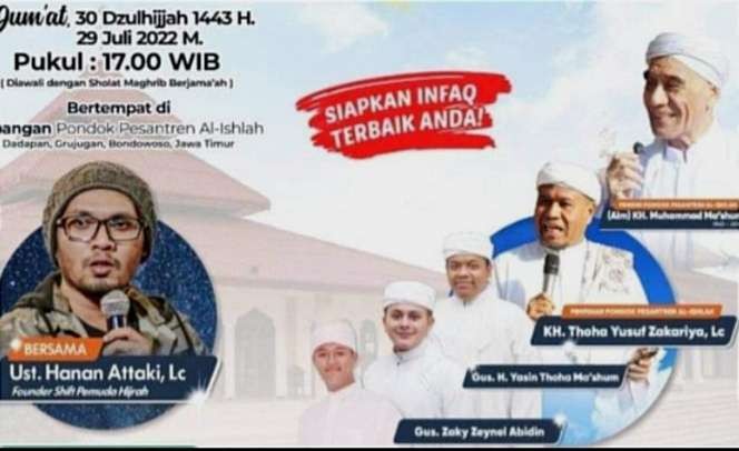 Poster Tablig Akbar menyambut 1 Muharram 1445 H di Ponpes Al Islah Grujugan Bondowoso yang rencananya menghadirkan Ustaz Hanan Attaki beredar di medsos. (foto: tangkapan layar guido saphan/Ngopibareng.id))