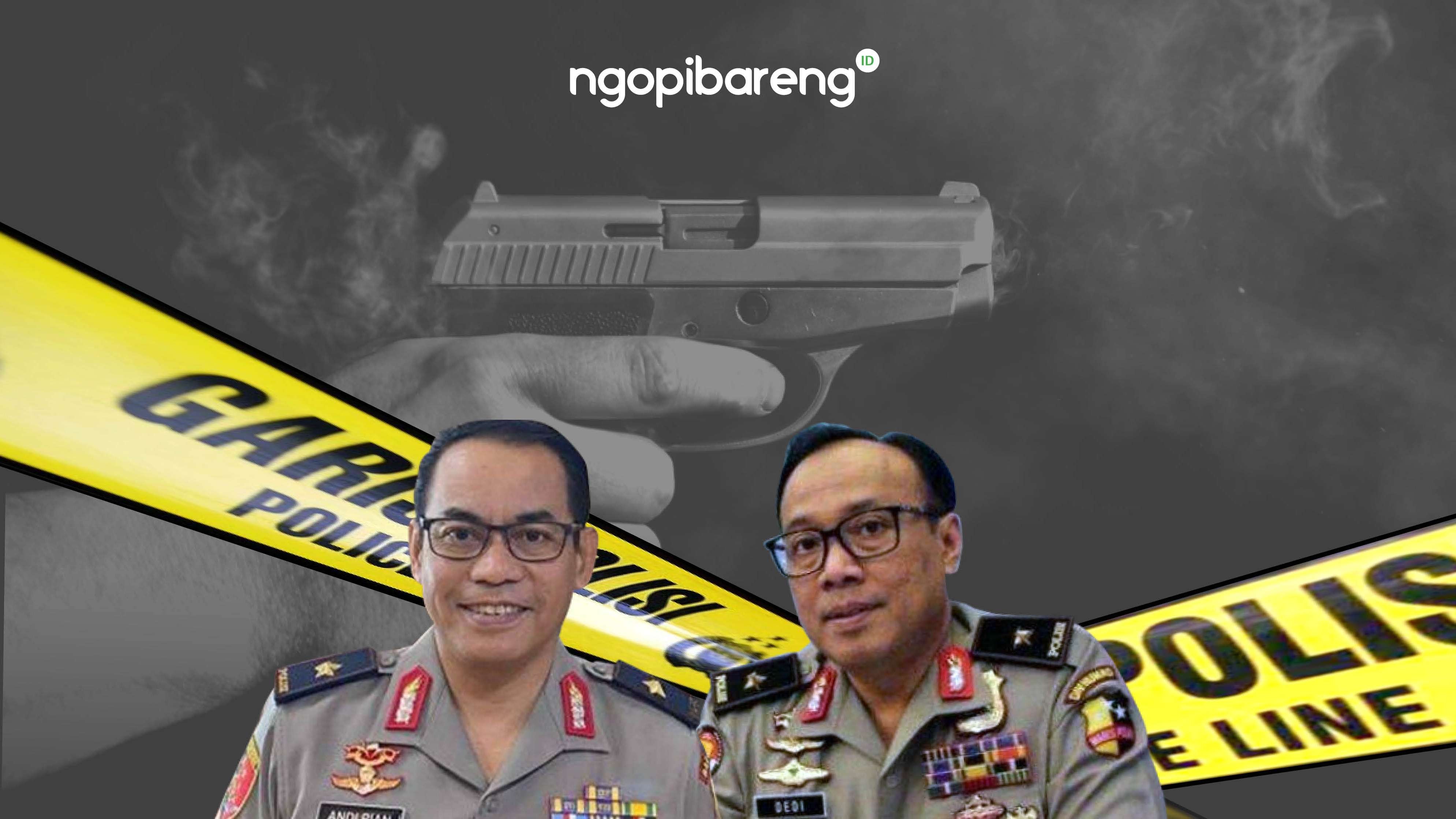 Kadiv Humas Polri, Irjen Dedi Prasetyo dan Dirtipidum Bareskrim Polri, Brigjen Andi Rian Djajadi memberikan pernyataan terkait penetapan tersangka Bharada Eliezer sebagai pembunuh Brigadir Joshua, Rabu 3 Agustus 2022. (Grafis: Fa Vidhi/Ngopibareng.id)