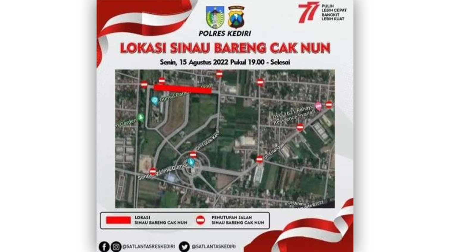 Rute penutupan arus Simpang Lima Gumul (SLG), saat Sinau Bareng Cak Nun digelar Senin, 15 Agustus 2022. (Foto: Dokumentasi Kominfo Kabupaten Kediri)