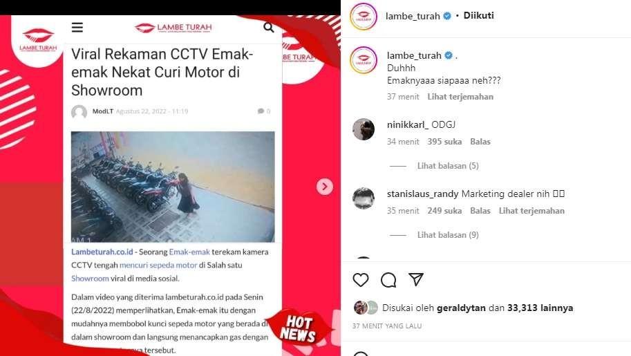 Viral! Video Emak-emak Mencuri Motor di Showroom.(Foto: Tangkapan layar Instagram @lambe_turah)