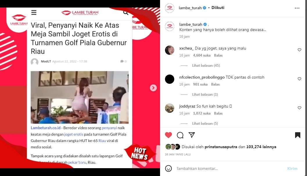 Viral Biduan Dangdut Joget di Atas Meja Saat Turnamen Golf Piala Gubernur Riau.(Foto: Tangkapan layar Instagram @lambe_turah)