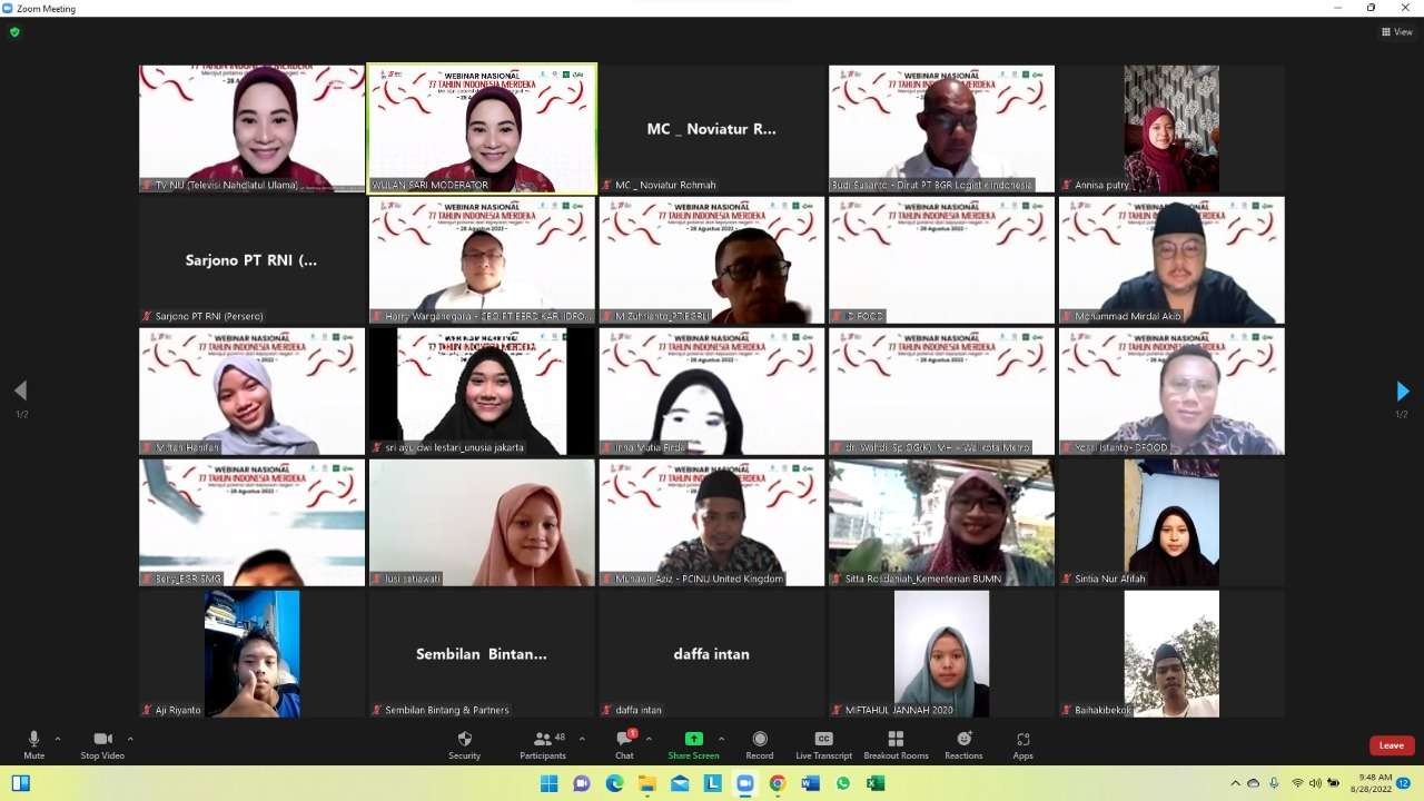 Webinar “77 tahun Indonesia Merdeka; Merajut Potensi dari Kejayaan Negeri”, yang diselenggarakan Klikcoaching, Yayasan AMADA, dan PCINU United Kingdom serta TVNU, pada Minggu 28 Agustus 2022. (Foto: munawir aziz)