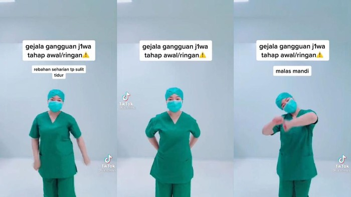 Seorang perempuan berbaju nakes menari di TikTok sambil menyebutkan beberapa gejala gangguan jiwa ringan. (Foto: Tangkapan layar TikTok)