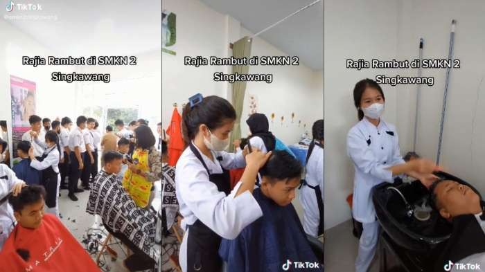 Guru SMKN 2 Singkawang Razia Rambut Siswanya. Para siswa yang rambutnya kurang rapi pun dibawa ke Salon. (Foto: Tangkapan layar TikTok)