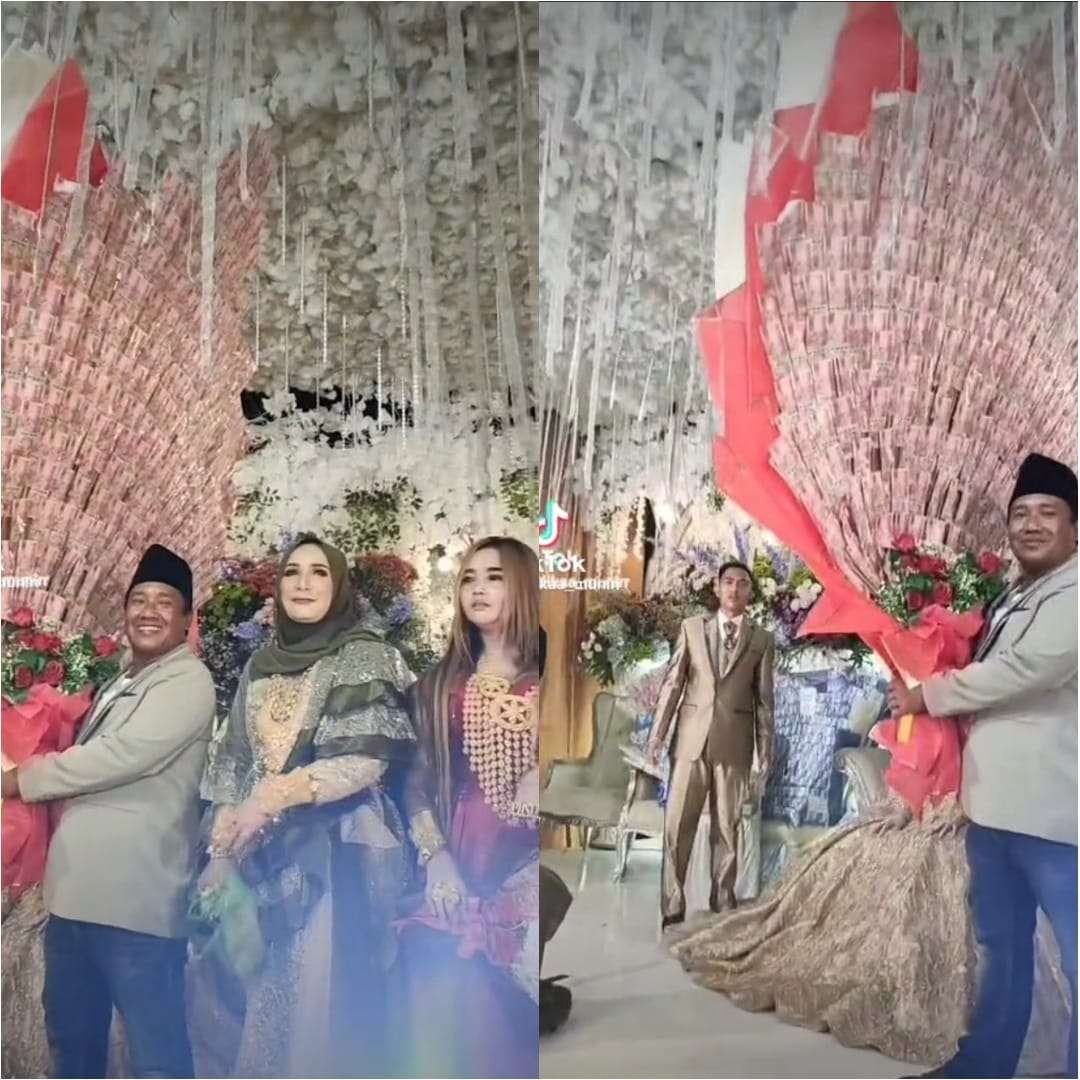 Resepsi pernikahan di Madura tak butuh amplop. Setiap tamu yang datang menyematkan uang Rp 100.000 di kerangka buket bunga. (Foto: TikTok @likaa_munirr)