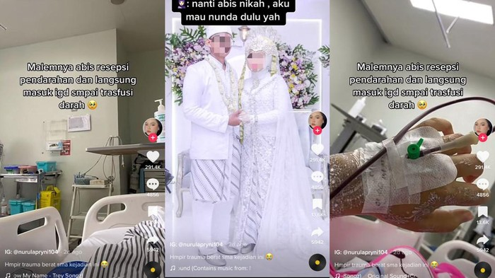 Pengantin baru mengalami pendarahan usai malam pertama hingga mendapatkan transfusi darah viral di TikTok. (Foto: TikTok)