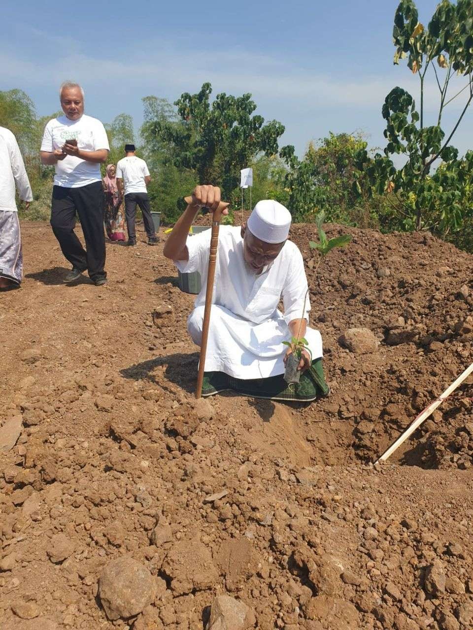 Pengasuh pondok pesantren Queen Zam Zam Pasuruan KH Mashudi Nawawi menanam pohon. (Foto: Dok Pesantren Queen Zam Zam)