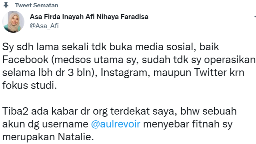 Klarifikasi Afi Nihaya terhadap cuitan @aulrevoir yang disebutnya sebagai fitnah. Akun tersebut menuduh Afi adalah sosok di balik Natalie. (Foto: Twitter)