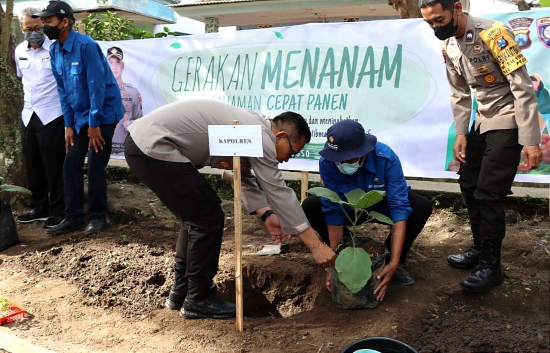 Kapolres Bondowoso AKBP Wimboko bersama warga menanam tanaman pangan cepat panen di pekarangan rumah. (Foto: Guido Saphan/Ngopibareng.id)