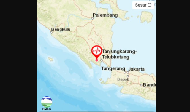 Gempa mengguncang Pesawaran, Lampung, Senin 26 September 2022 pukul 06.38 WIB. (Grafis: Twitter BMKG)